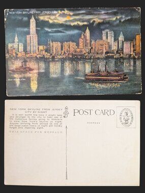 10/$25 Vintage Blank New York Skyline at Night from New Jersey Postcard
